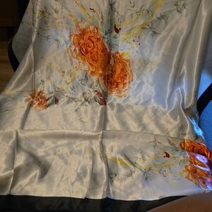 Floral Silk Scarf with Tiny Bird Accents